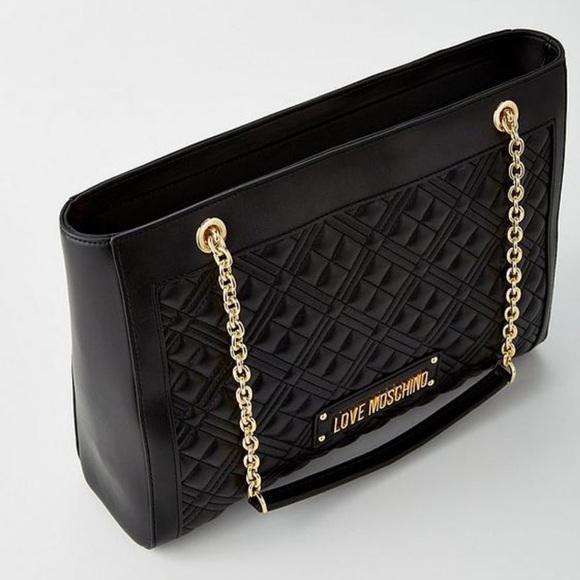 NWT Love Moschino Black Quilted Borsa Shoulder Tote in Black and Gold - Picture 9 of 14